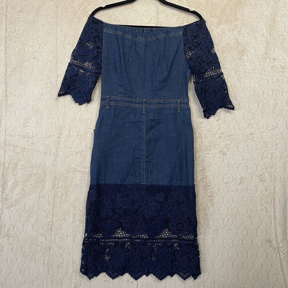 La Reyna Denim Lace Off The Shoulder Dress Pockets Side Zip Boho Cottagecore S - Picture 3 of 11